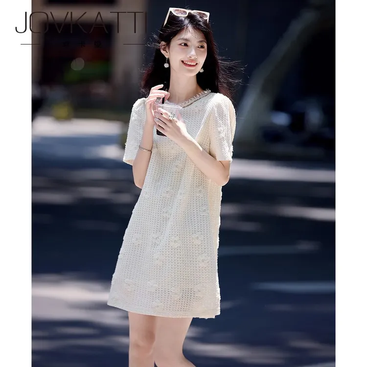 卓卡缇小香风圆领T恤连衣裙女夏2025新款小个子肌理感直筒显瘦T恤