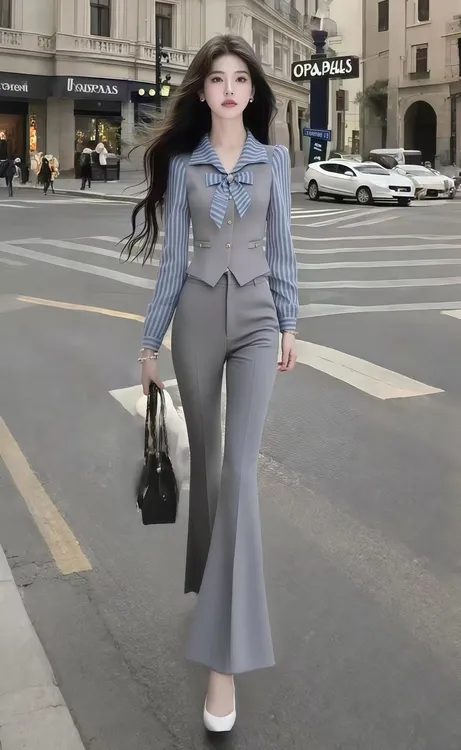 时尚小众休闲通勤风穿搭灰色条纹长袖修身上衣+灰色微喇长裤套装