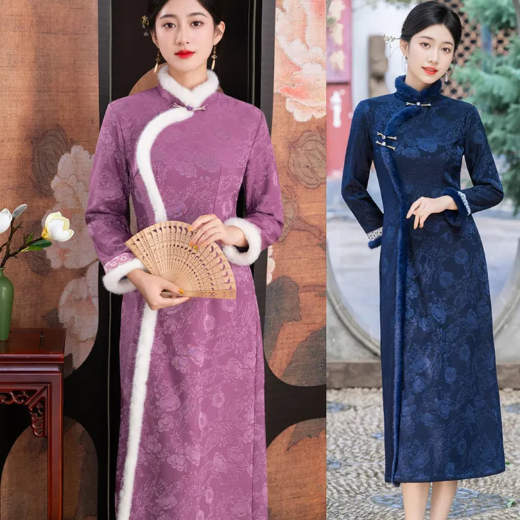 中式旗袍2025新款冬季加绒加厚高级感长袖气质中长款小个子连衣裙