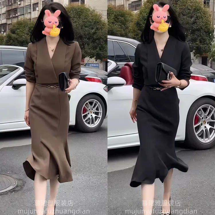 气质百搭轻熟风显瘦连衣裙女2025夏季新款纯色减龄修身中长款裙子
