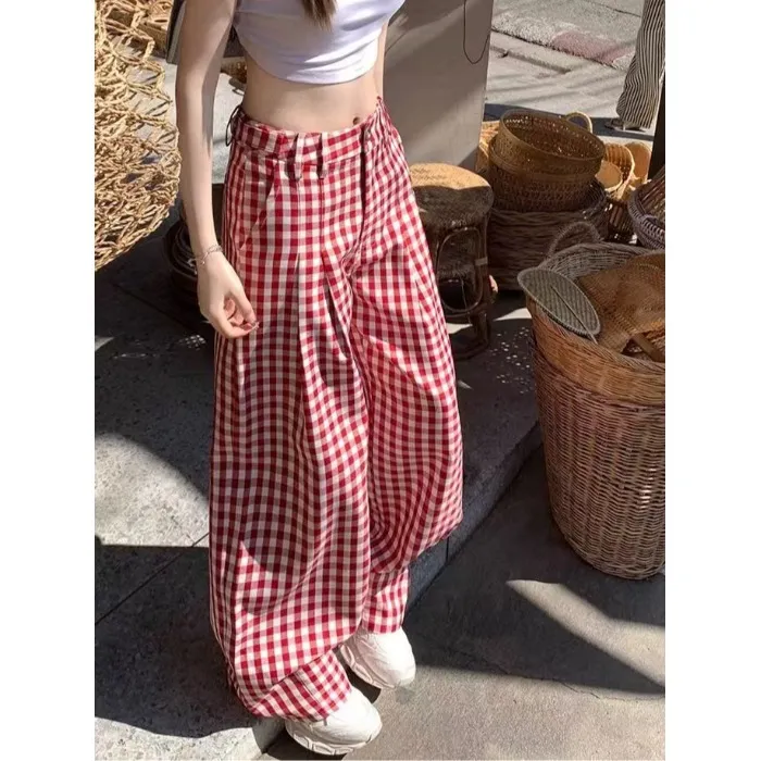 红色格子阔腿休闲裤女2025秋季新款懒松弛感时尚宽松显瘦拖地长裤