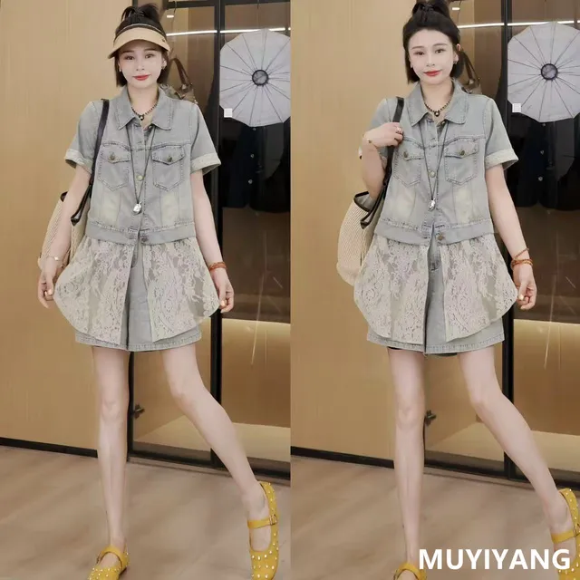 大尺码设计感小众牛仔拼接蕾丝套装女2025夏季新款高定版两件式套