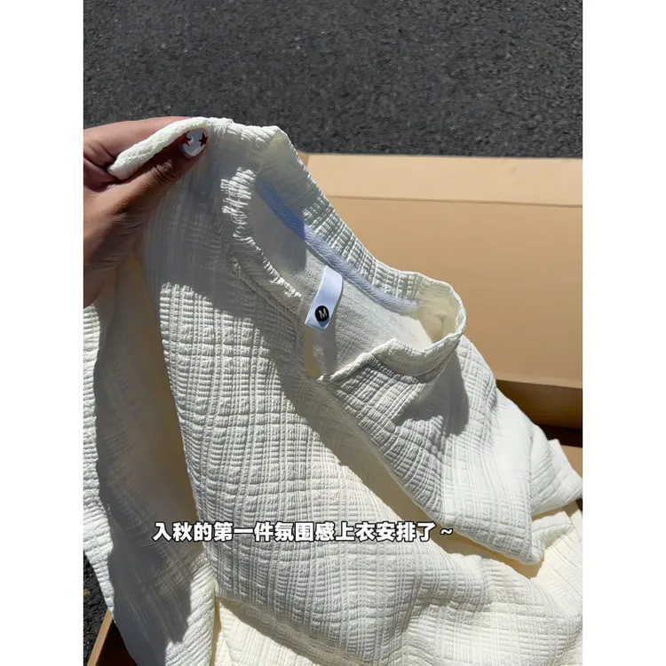 白色泡泡纱格纹v领卫衣男女秋季宽松长袖t恤美式重磅内搭打底衫潮