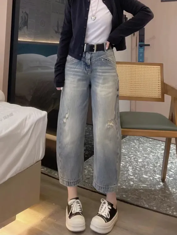 春季高腰显瘦大码阔腿裤春季百搭宽松时尚直筒八分牛仔裤