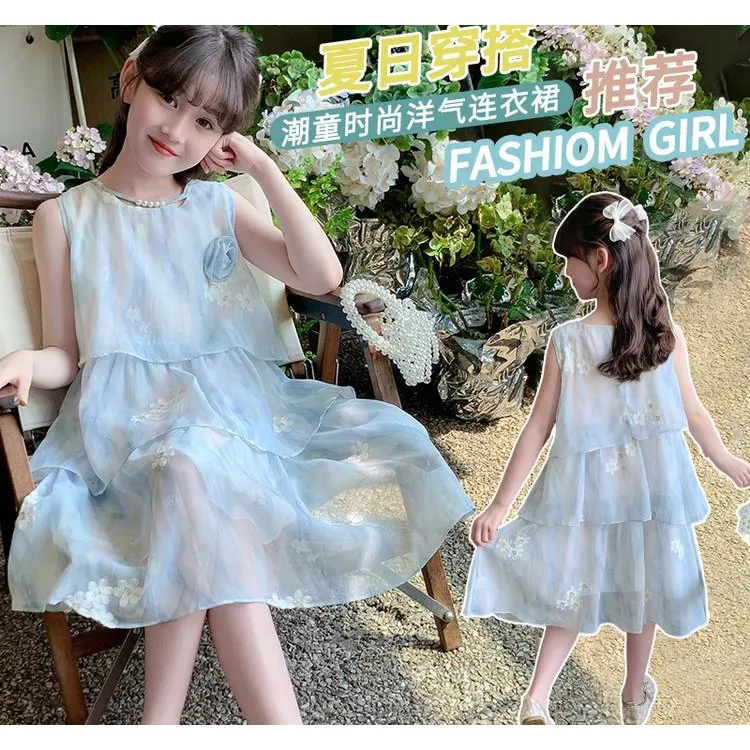2025新款夏季女童蓝色连衣裙甜美公主风儿童裙子百搭洋气夏装时尚
