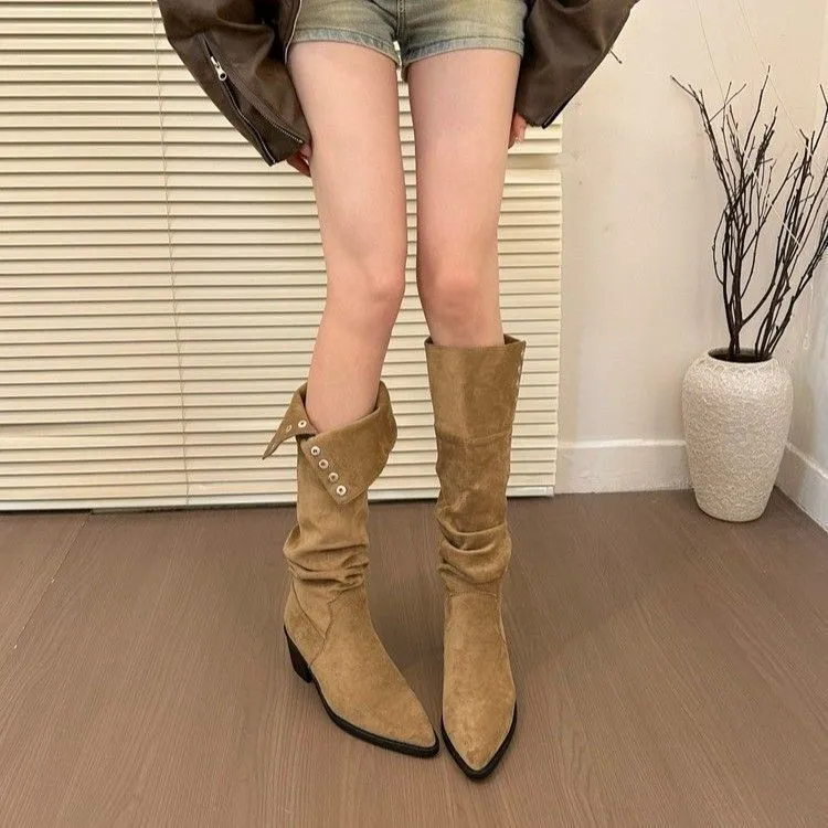 秋冬季女士时尚百搭洋气一脚蹬粗跟长筒靴2025新款尖头堆堆长筒靴