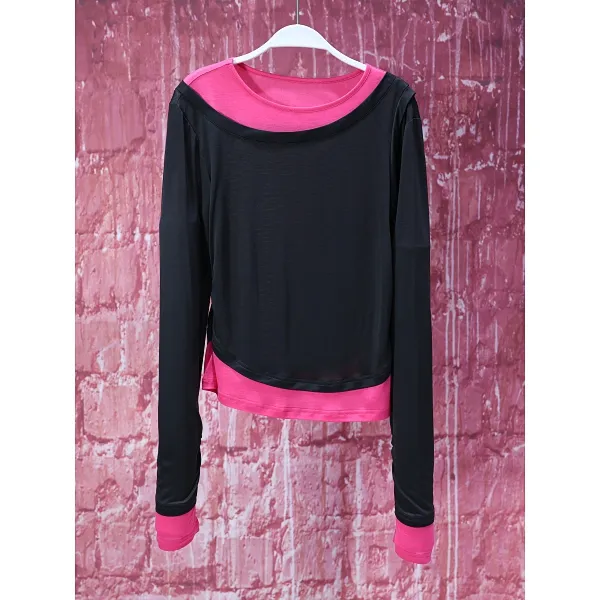 【韩哥女装】夏季小众设计师致灰撞色拼接长袖爽肤衣8625