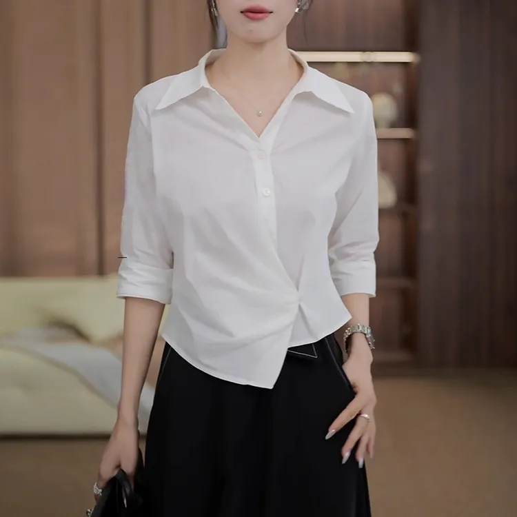 时尚纯色设计感衬衫女2025年夏季新款韩版小众洋气高级感百搭上衣