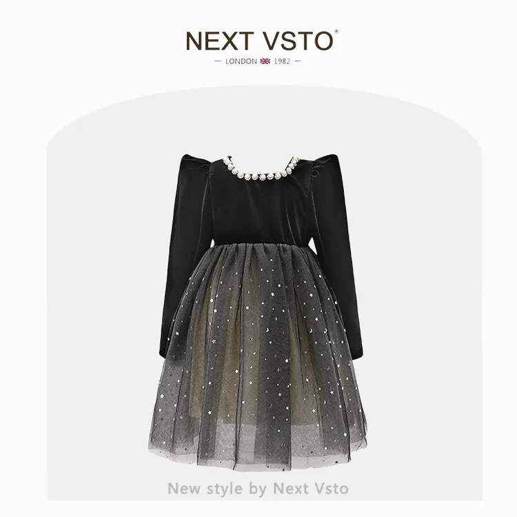 英国NEXT VSTO女童赫本风公主裙春秋款小女孩亮片网纱蓬蓬连衣裙