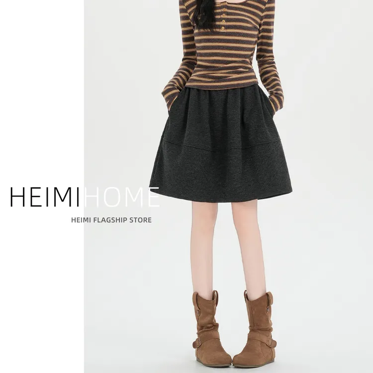气质灰色花苞中裙女2025秋冬季加厚毛呢半身裙小个子拼接蓬蓬伞裙