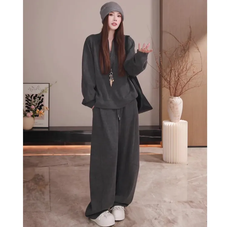 杨依珊老钱松弛感纯色卫衣弯刀裤套装运动风时尚套装极简风两件套