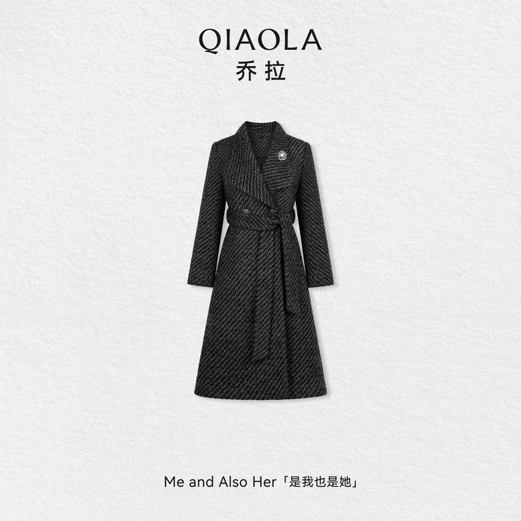QIAOLA/乔拉【墨纹雅束】秋冬季羊毛大翻领系腰带修身百搭毛呢大衣