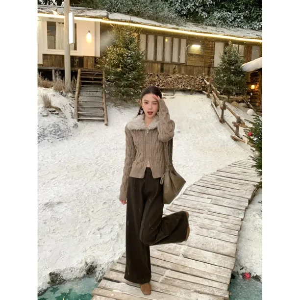 赵小小【漂亮瞬间～】5109 翻领双拉链针织毛衣加厚短款外套开衫上衣