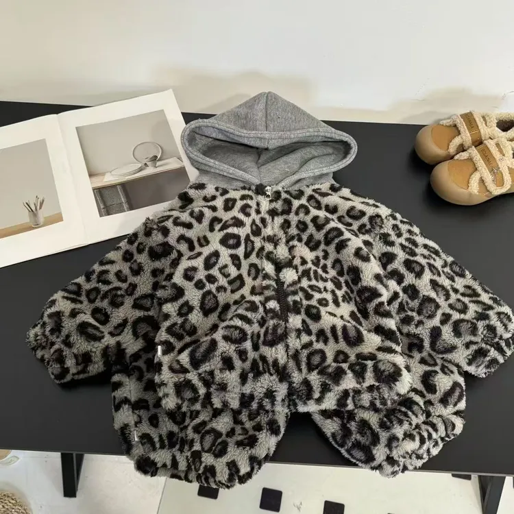 【加绒加厚】2025新款珊瑚绒豹纹连帽男女童套装洋气休闲韩版儿童