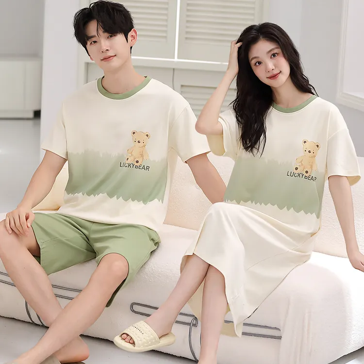 2025夏季新款纯棉情侣睡衣短袖睡裙女可爱宽松男士大码家居服套装