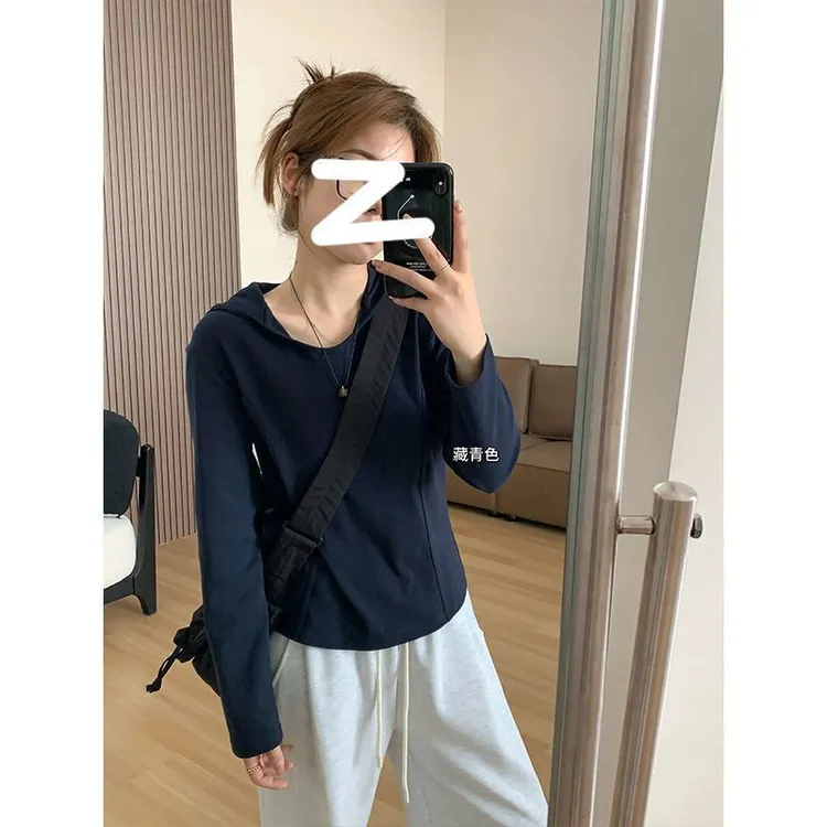 特大码简约风小众连帽正肩设计感秋季休闲百搭长袖T恤女上衣ins