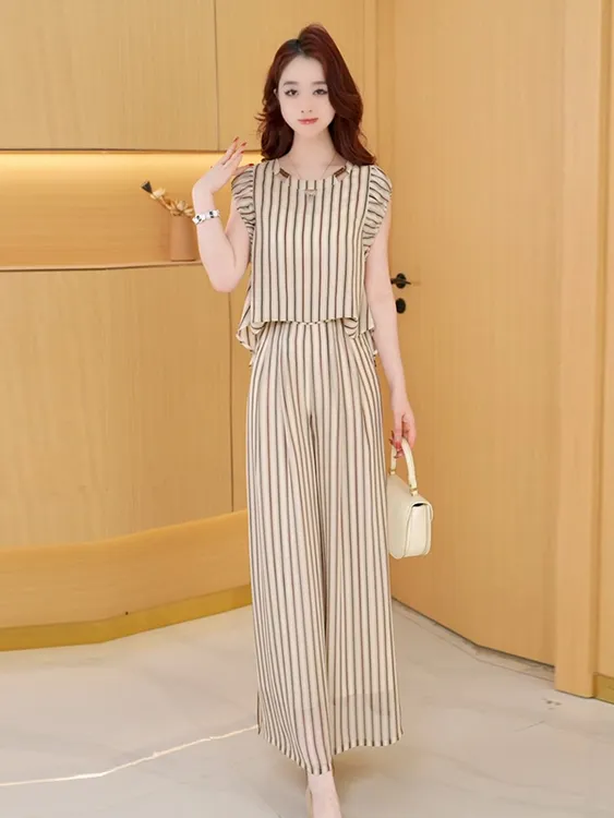 条纹上衣+裤子时尚套装气质高档洋气两件套2025夏季减龄显瘦女装