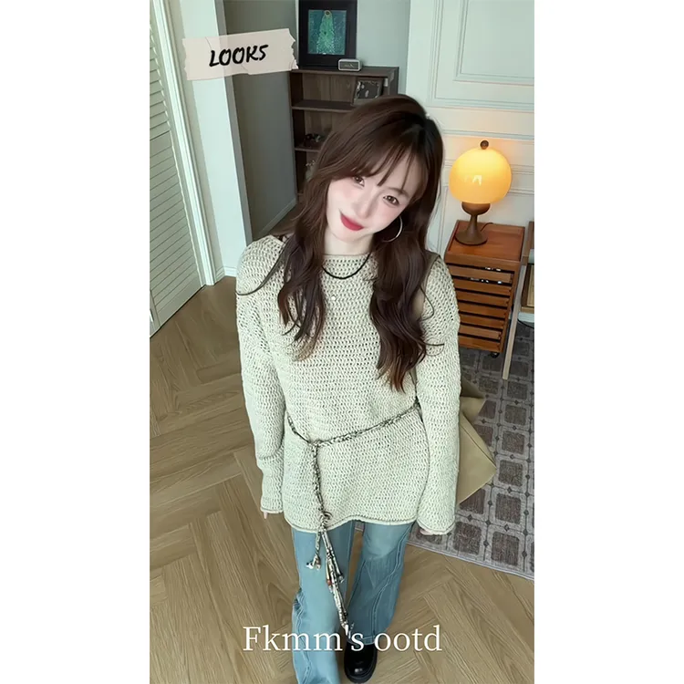 2025早秋季慵懒休闲复古镂空毛针织衫长袖上衣高腰微喇直筒牛仔裤