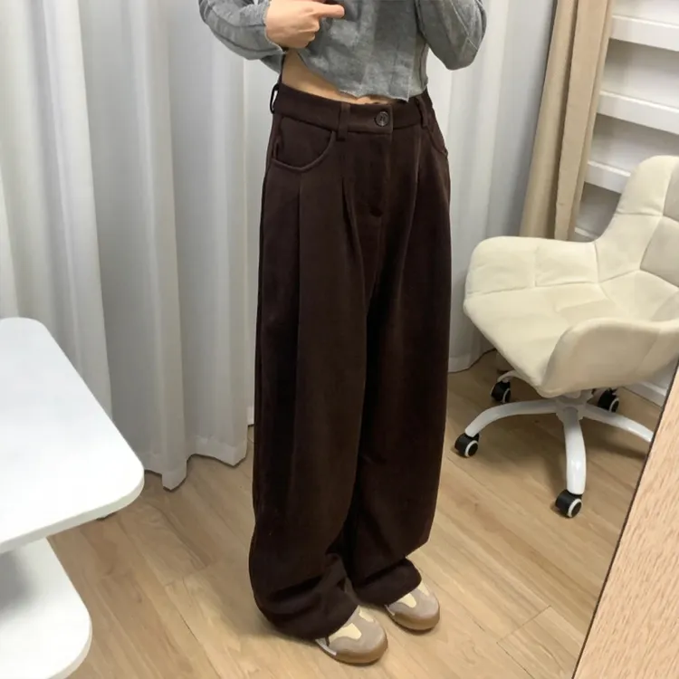 棕色灯芯绒直筒裤美拉德大码女秋新款胖mm休闲宽松显瘦加绒阔腿裤