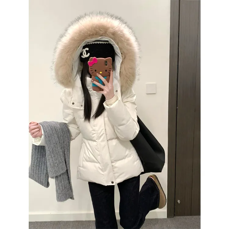 白色收腰毛领羽绒服女冬季小个子显瘦保暖加厚袄白鸭绒面包服外套