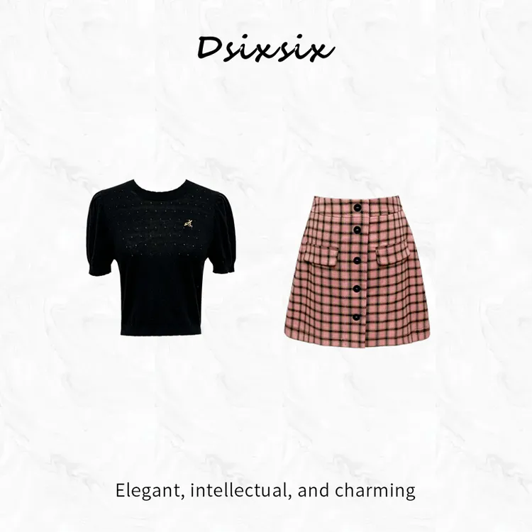 Yeah Me-【草莓华夫】夏日休闲百搭可爱气质格子高腰半身裙套装女