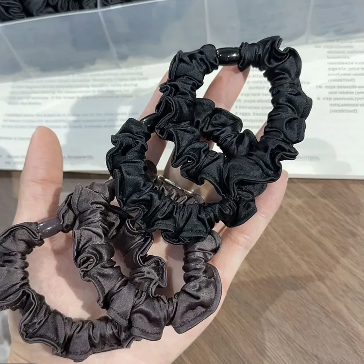 韩系高级感缎面木耳边小肠发圈法式简约黑色低丸子头发绳发饰头饰