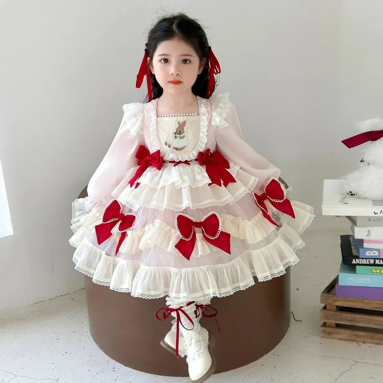 女童洛丽塔连衣裙春秋季2025新款儿童蝴蝶结韩版公主裙女宝礼服裙