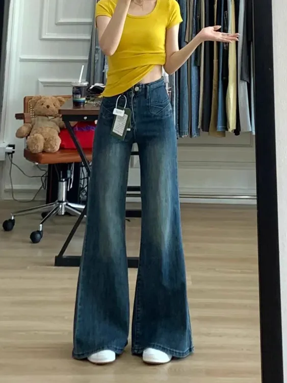 美式复古微喇牛仔裤女秋季2025新款高腰宽松阔腿不贴腿喇叭长裤子