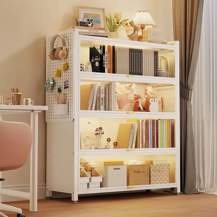 钢制书架儿童落地家用书柜上翻门铁艺一体防尘展示柜储物柜置物架