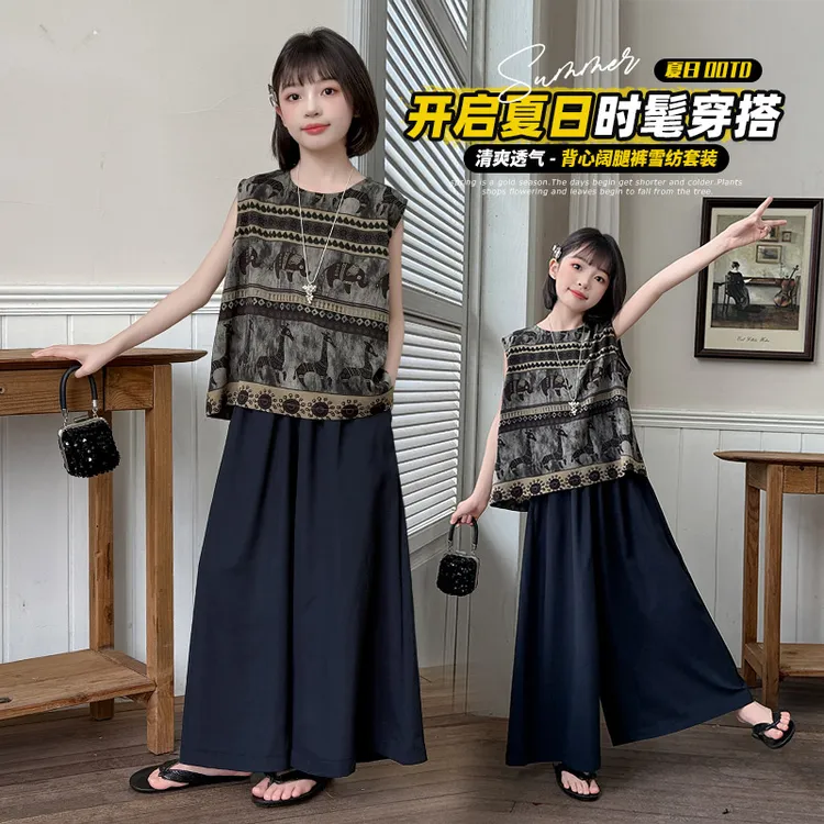 女童夏季无袖复古套装洋气女孩中大童韩系儿童夏装阔腿裙裤两件套
