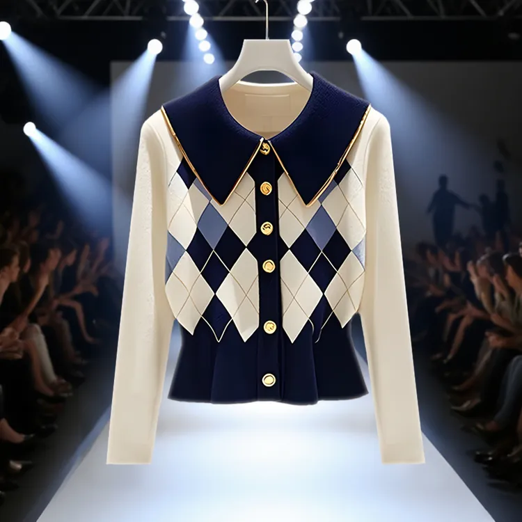 韩系chic别致蓝白撞色菱格针织开衫女秋季2025新款小香风收腰毛衣