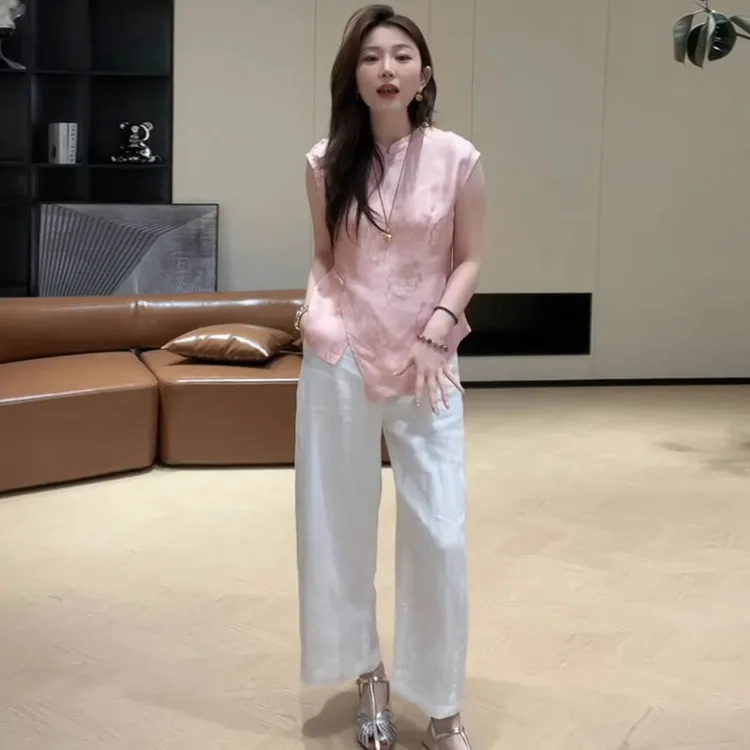 新中式国风洋气时尚套装女夏季提花无袖上衣百搭休闲阔腿裤两件套