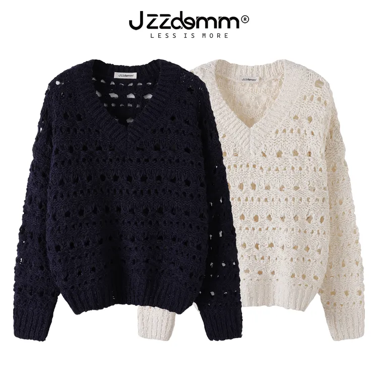九州诚品/JZZDEMM粗针编织镂空v领毛衣女秋冬新款宽松针织套头衫