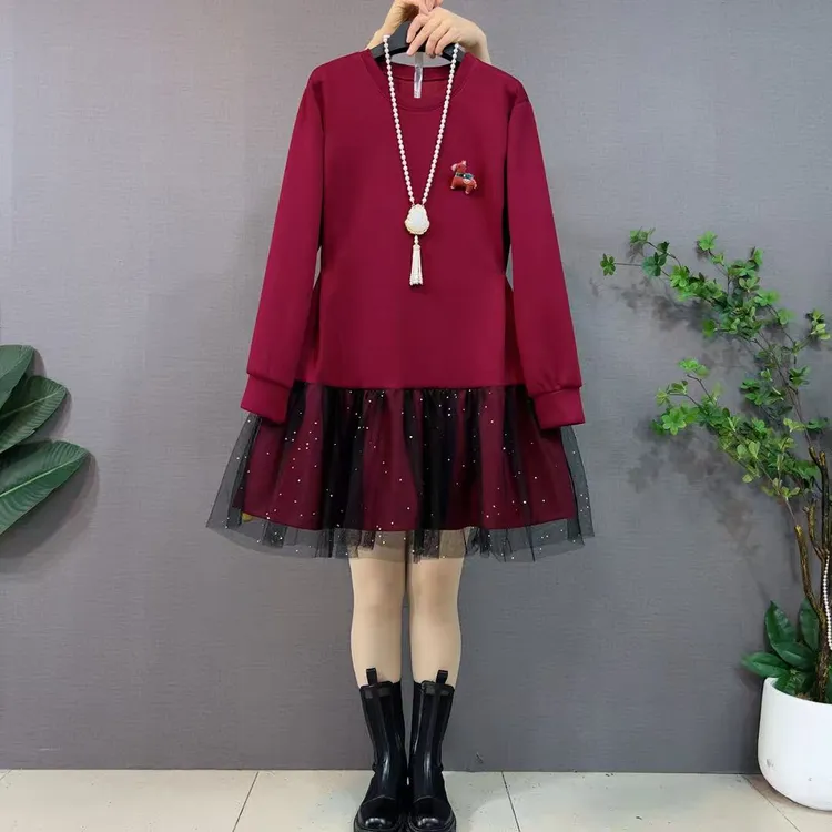 欧货假两件网纱亮星小马拼接长袖连衣裙秋冬宽松百搭休闲连衣裙