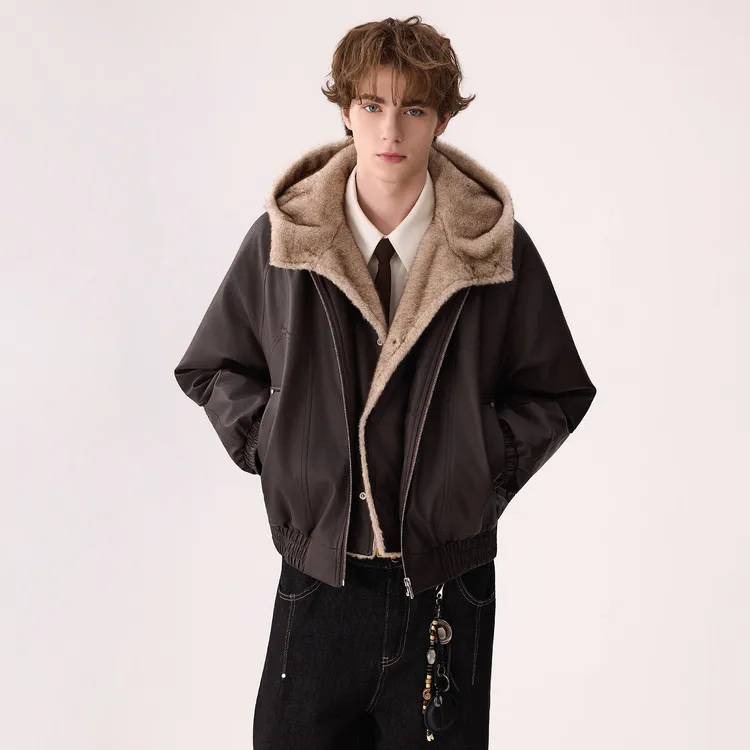 CHICERRO西西里男装设计感假两件白鸭绒防风皮衣可拆卸连帽羽绒服