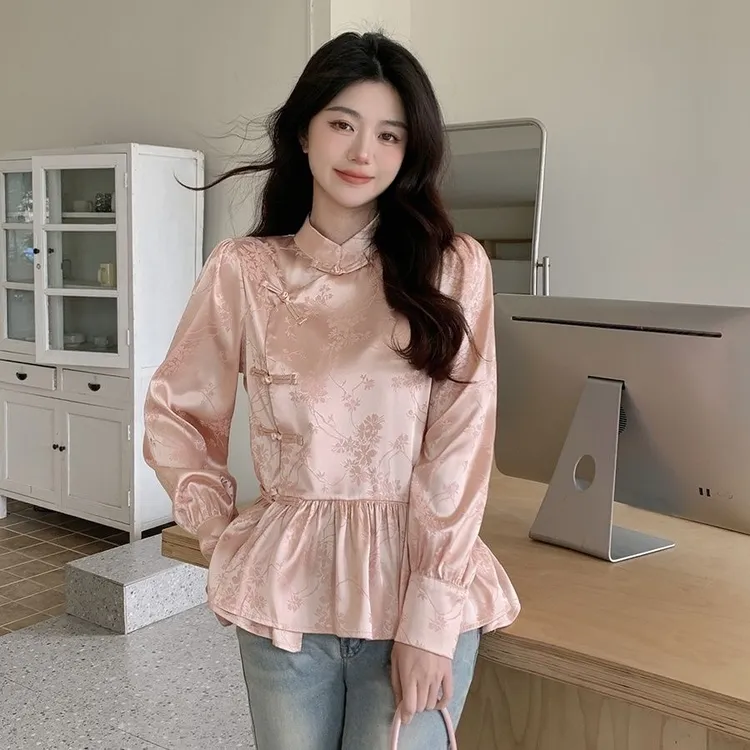 2025春秋季新款新中式国风女装小个子粉色盘扣衬衫上衣设计感小众