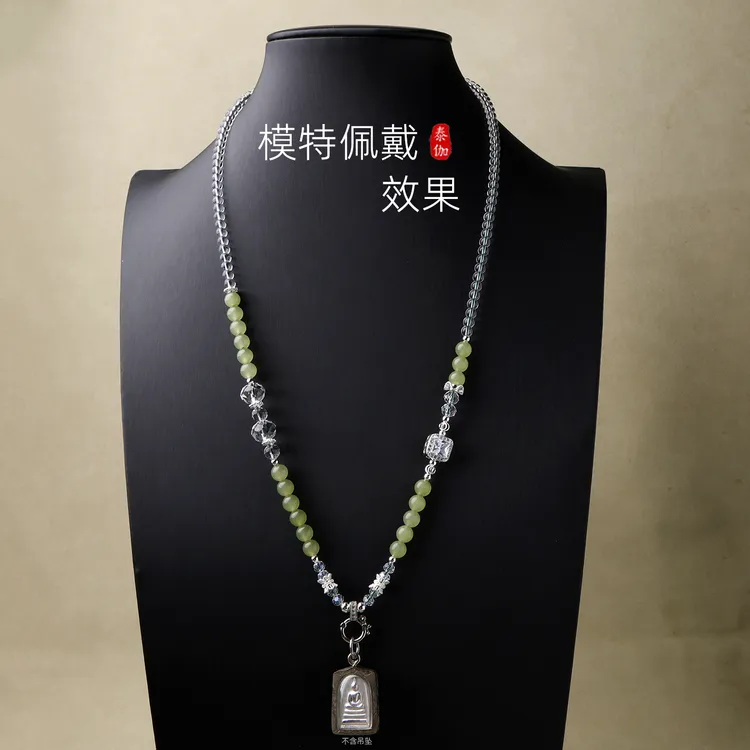 合金仿水晶项链 泰伽仙女风绿圆珠佛牌链民族风镀银配饰时尚百搭