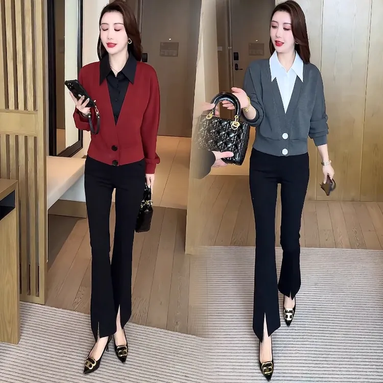 时尚洋气套装女2026春秋新款遮肉显瘦假两件衬衫微喇裤减龄两件套