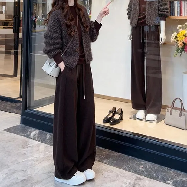 巨好看的秋冬一整套穿搭2025新款软糯V领针织开衫外套休闲裤套装