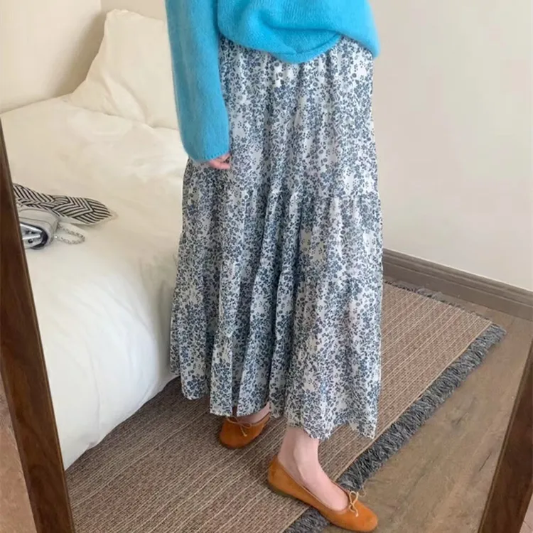 B2025新款时尚百搭显瘦高级感国风青花瓷雪纺纱高腰碎花半身裙