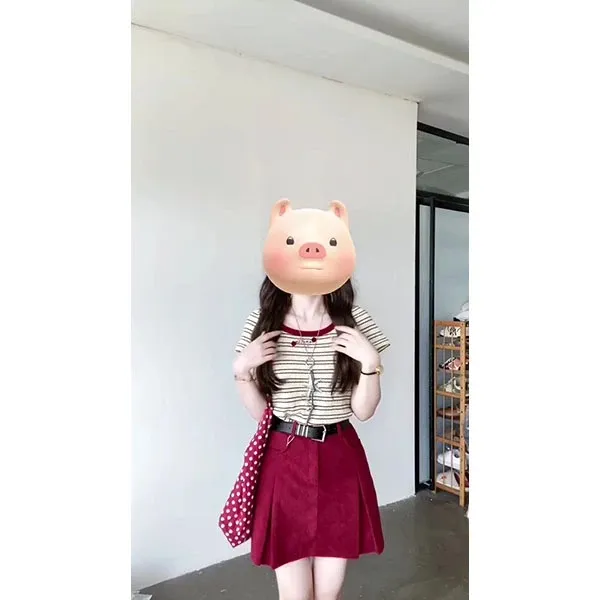  【运补6】韩系穿搭一整套甜美风少女条纹正肩短袖t恤百褶裙两件套