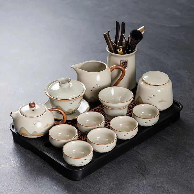 轻奢高档米黄汝窑功夫茶具套装中式陶瓷茶壶盖碗茶杯茶盘家用喝茶