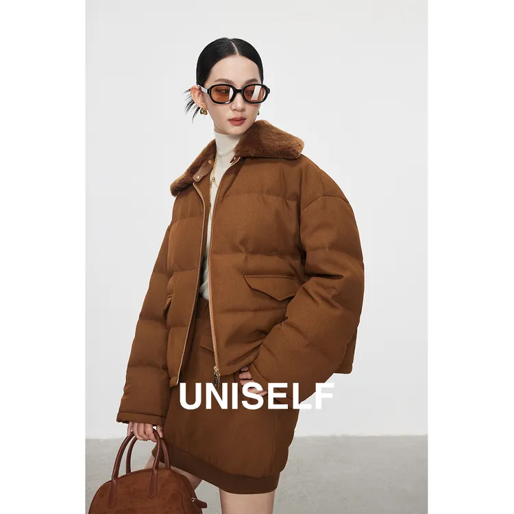 UNISELF轻奢miu风运动半裙套装2025可拆卸毛领白鹅绒羽绒服100732