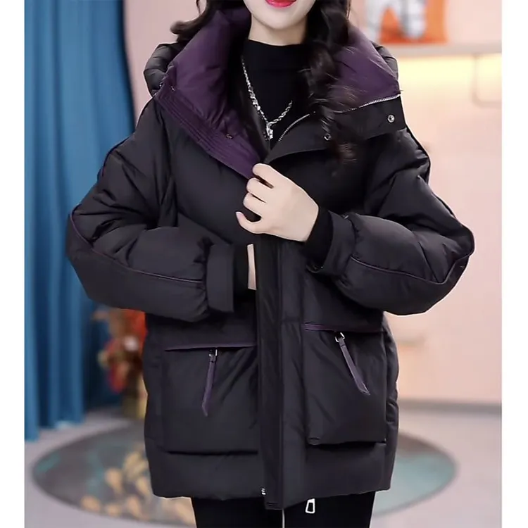 高品质】棉服女拼接短款棉衣2025冬季新款韩版宽松连帽棉袄外套潮