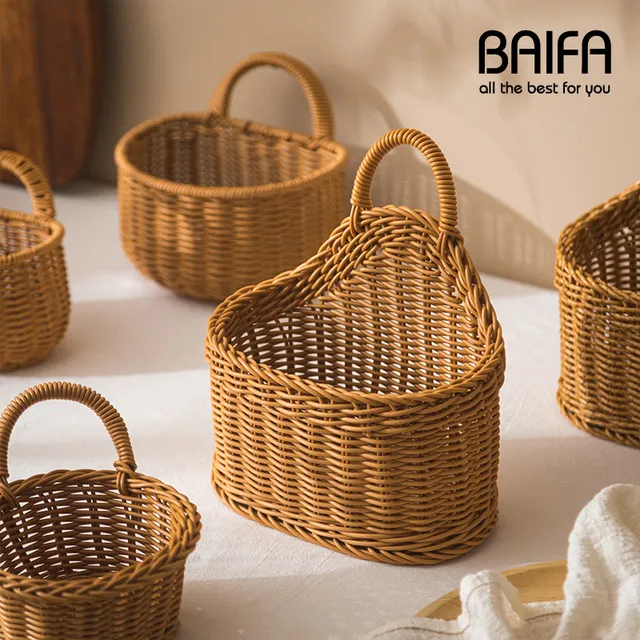 北欧编织篮厨房姜蒜收纳筐复古仿藤编壁挂篮手提小花篮厨具挂篮