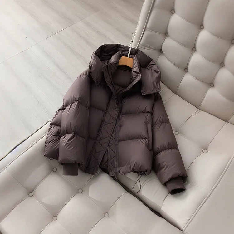 咖色连帽羽绒服女2025冬季新款小个子短款加厚云朵90白鸭绒面包服