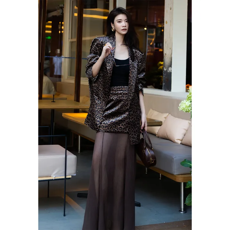 ZEROYK时尚套装女2025秋冬新款高级感欧美风豹纹西服拼纱半裙套装
