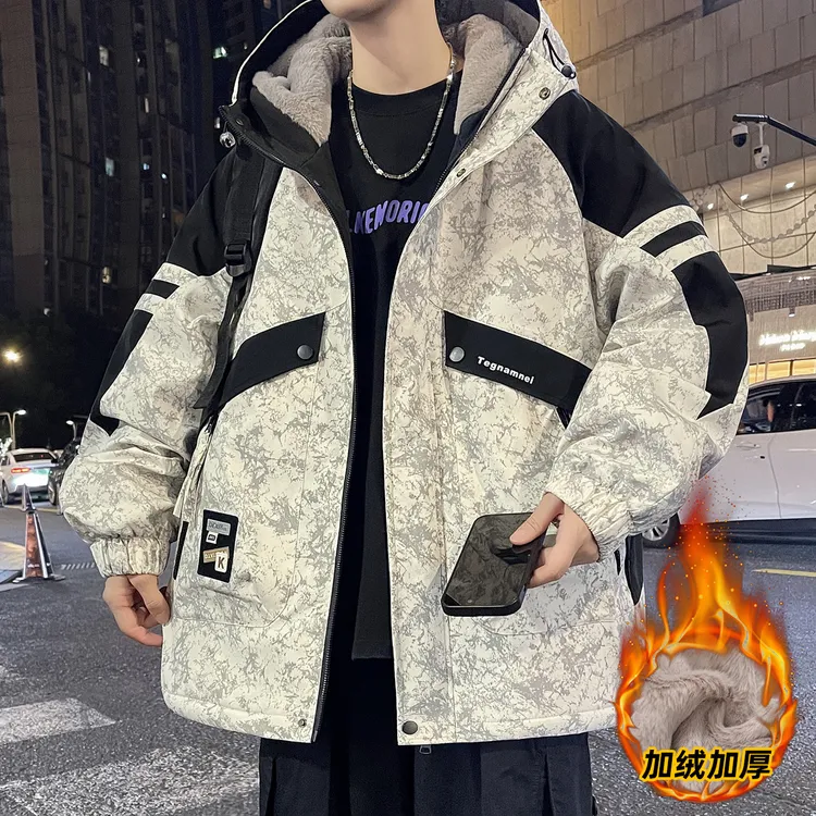 男士外套加绒加厚秋冬季连帽宽松工装夹克青少年学生男孩保暖棉服
