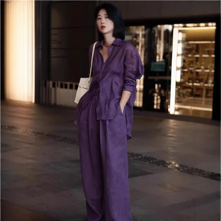 高端老钱风亚麻衬衫套装女夏季气质通勤松弛感防晒衣阔腿裤两件套