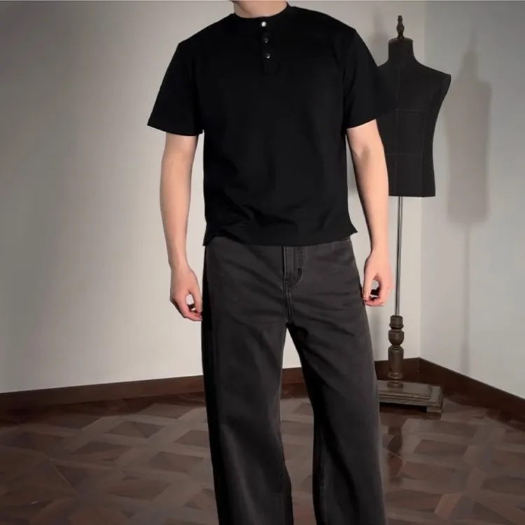 Oclin复古亨利领四合扣短袖男款夏季短宽Boxy版型速干凉感纯色T恤